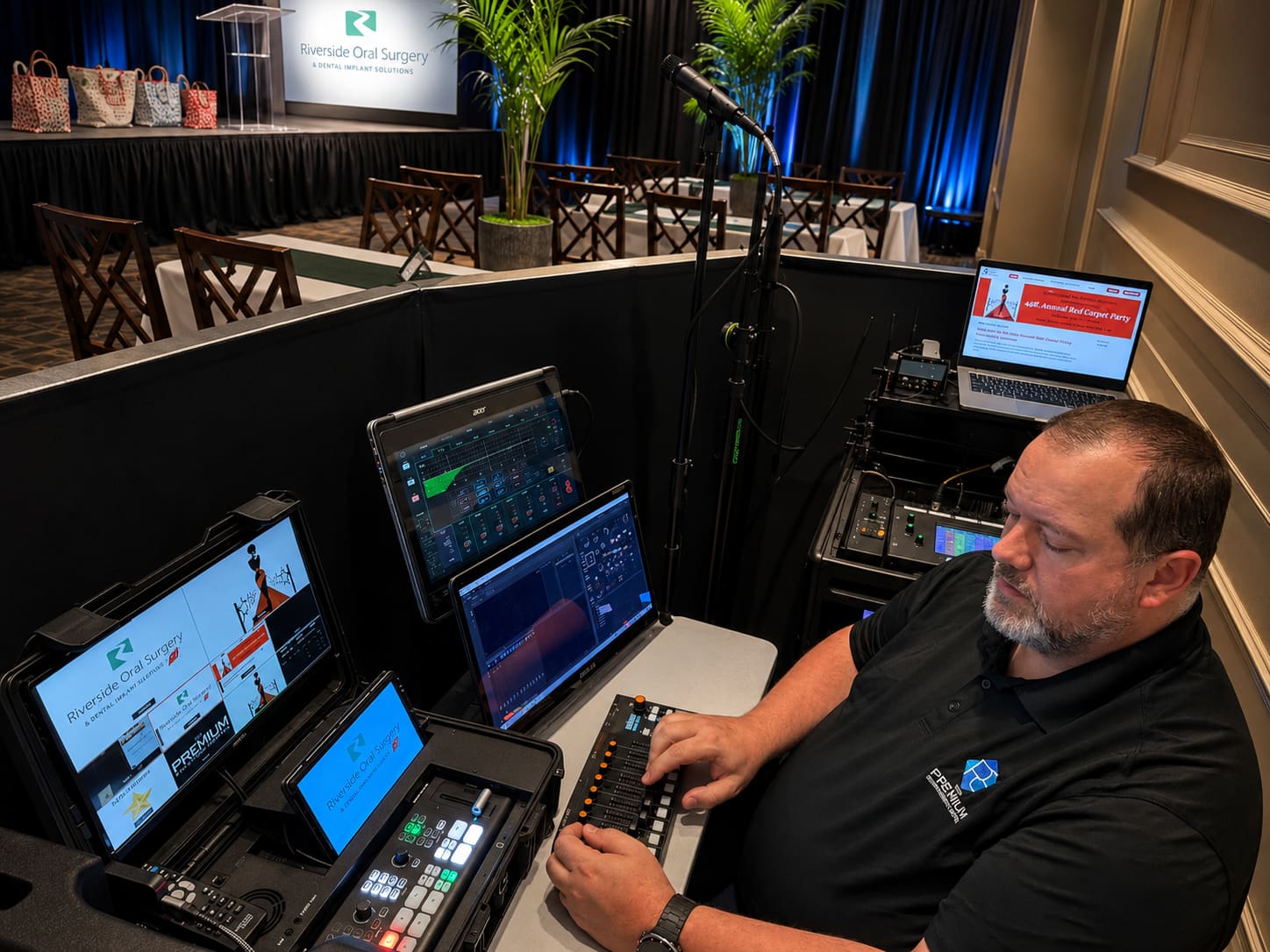 PremiumAVC senior tech operating a video switcher and multiview monitor stack at a live event production station